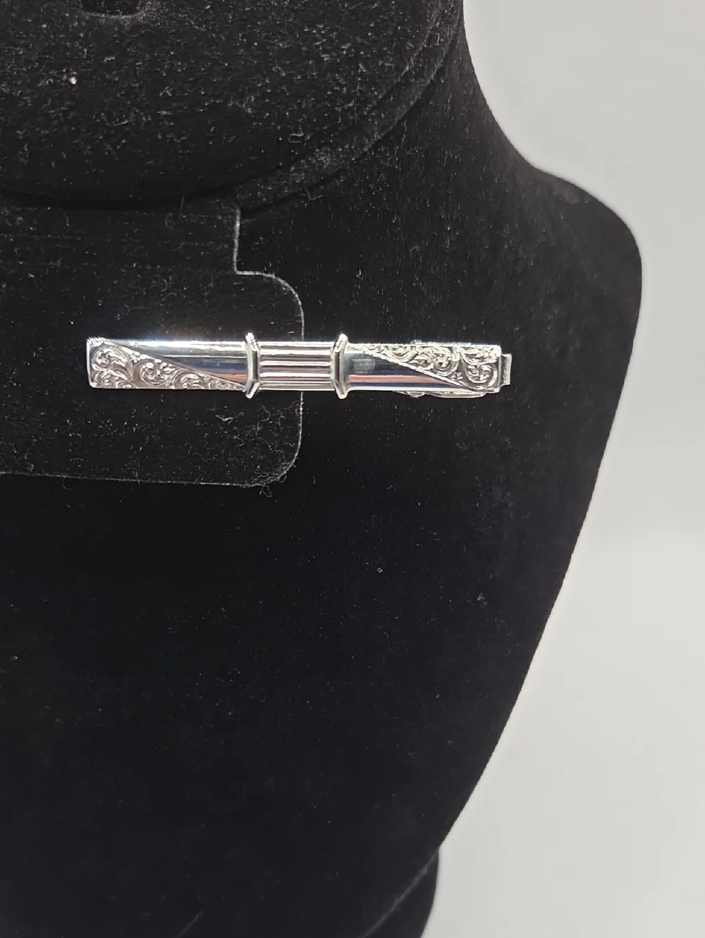 Silver Tone Engraved Bar Tie Clip - Elegant Mens Tie Clip